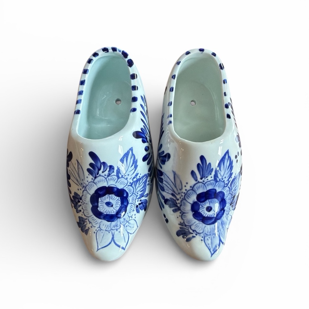 Hand Painted Delfts Blauw Clog Shoe Planter Pair 7” Blue & White